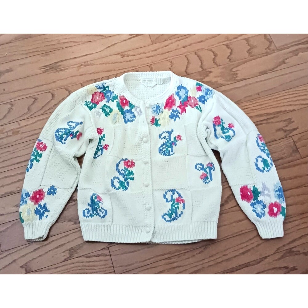 VTG 90s Eagles Eye Hand Knit Cardigan White Cotton Blend Multi Floral Sz S/M